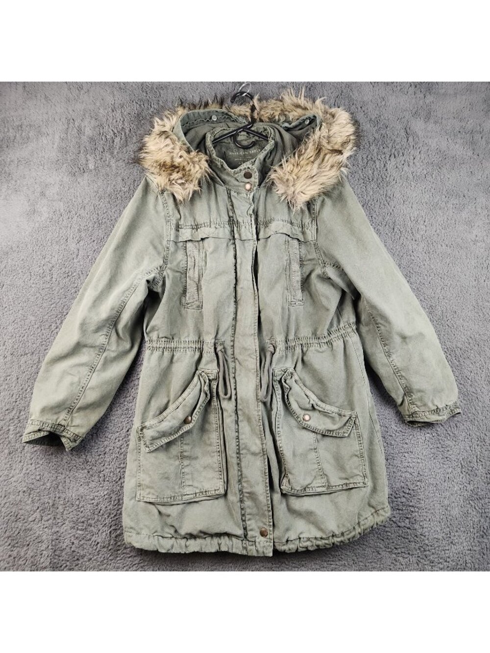 Vintage Y2K American Eagle Jacket Men's Large Military Parka Coat Fur Lined Hood